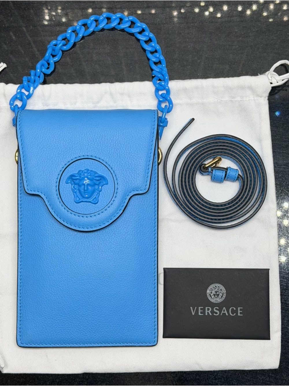 Versace La Medusa Leather Phone Crossbody Bag Blue Chain Strap Card Holder Italy